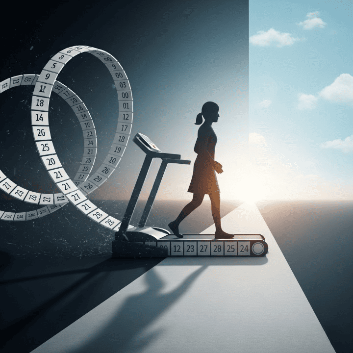 An illustration of a person stepping off a treadmill that represents the paycheck-to-paycheck cycle. They are stepping onto a stable path leading to a bright future. This symbolizes breaking the cycle and achieving financial freedom.