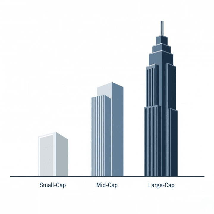An infographic-style illustration showing three buildings of increasing size, labeled "Small-Cap," "Mid-Cap," and "Large-Cap." This image symbolizes the concept of market capitalization, which categorizes companies by their size.