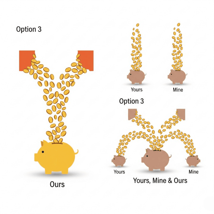 An infographic-style illustration showing three methods for couples to merge finances. It depicts money flowing into joint accounts, separate accounts, or a hybrid "yours, mine, and ours" system, symbolizing the different financial strategies for partners.
