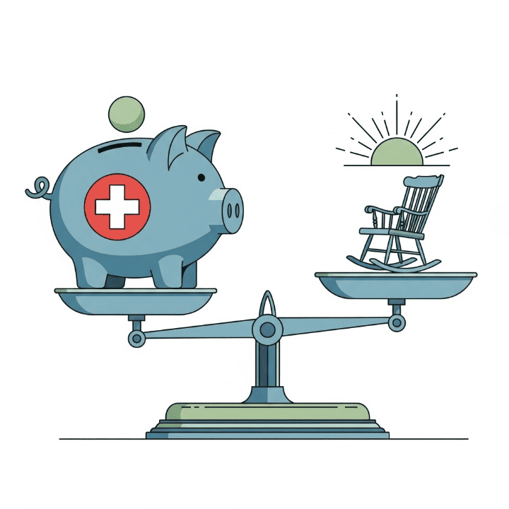 An illustration of a balanced scale. On one side is a piggy bank for healthcare savings, and on the other are icons representing a long retirement. This symbolizes the importance of planning and saving for healthcare costs in retirement to ensure a secure future.