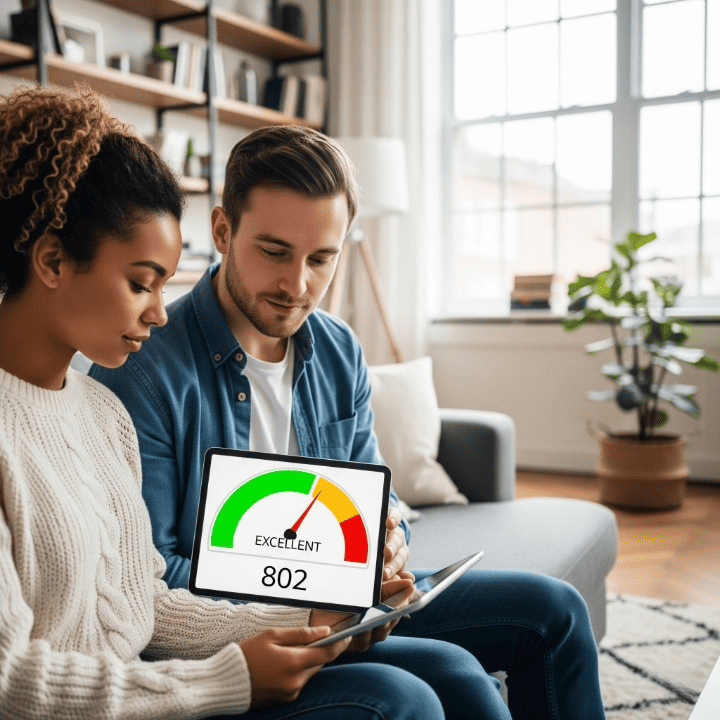 A young, diverse couple sits in their modern living room, looking proudly at a tablet. The tablet screen shows a credit score gauge pointing to an excellent rating. The image has a bright, positive feel, representing the financial empowerment that comes from understanding and improving your credit score.