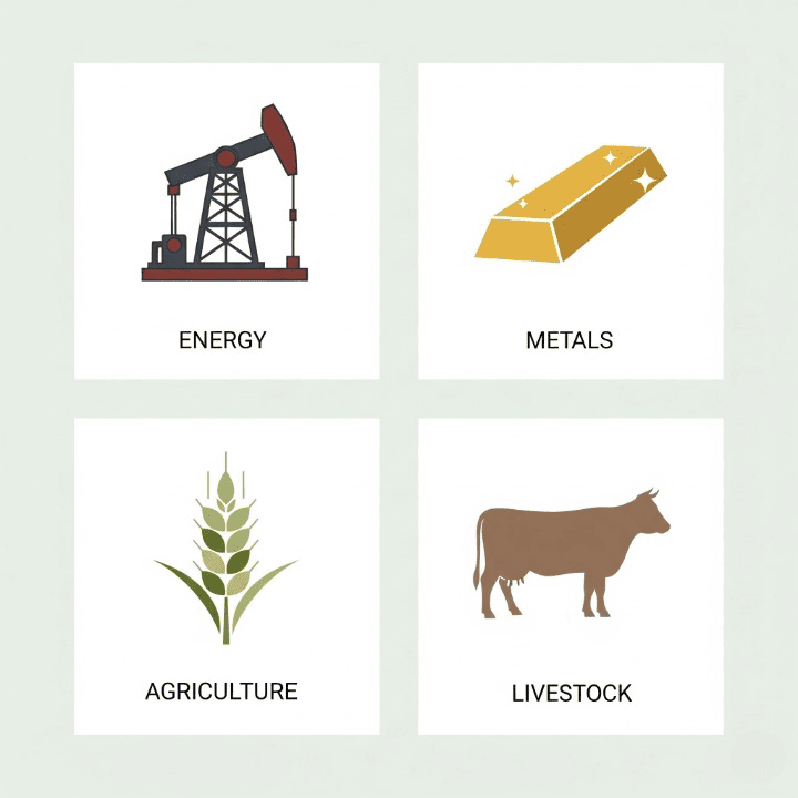 An infographic-style illustration with four squares, each containing an icon for a major commodity category: an oil derrick (Energy), a gold bar (Metals), wheat (Agriculture), and a cow (Livestock). This symbolizes the different types of commodities available for investment.