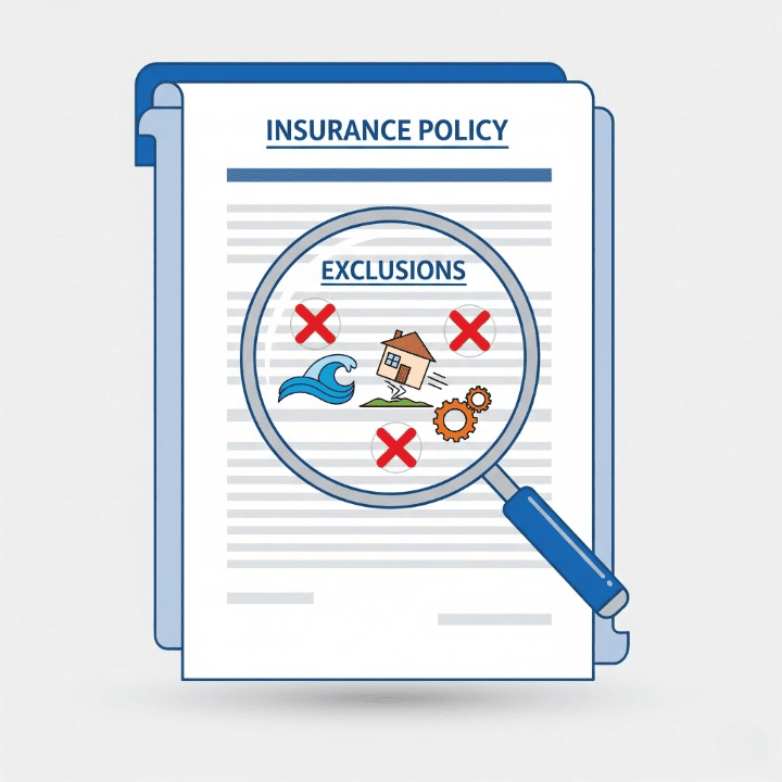An illustration of a magnifying glass focused on the "Exclusions" section of an insurance policy. It highlights icons for floods, earthquakes, and wear and tear, which are crossed out. This symbolizes the risks that are not covered by a standard insurance policy.