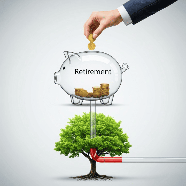 An illustration of a hand taking money from a "Retirement" piggy bank. This action is shown to be pausing the piggy bank's connection to a growing tree, symbolizing how a 401(k) loan can halt the compound growth of your retirement savings.