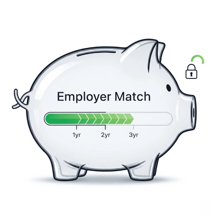An illustration of a piggy bank labeled "Employer Match" with a progress bar inside that fills up over time. A lock on the piggy bank is shown unlocking at the end, symbolizing how a 401(k) vesting schedule determines when you gain full ownership of employer contributions.
