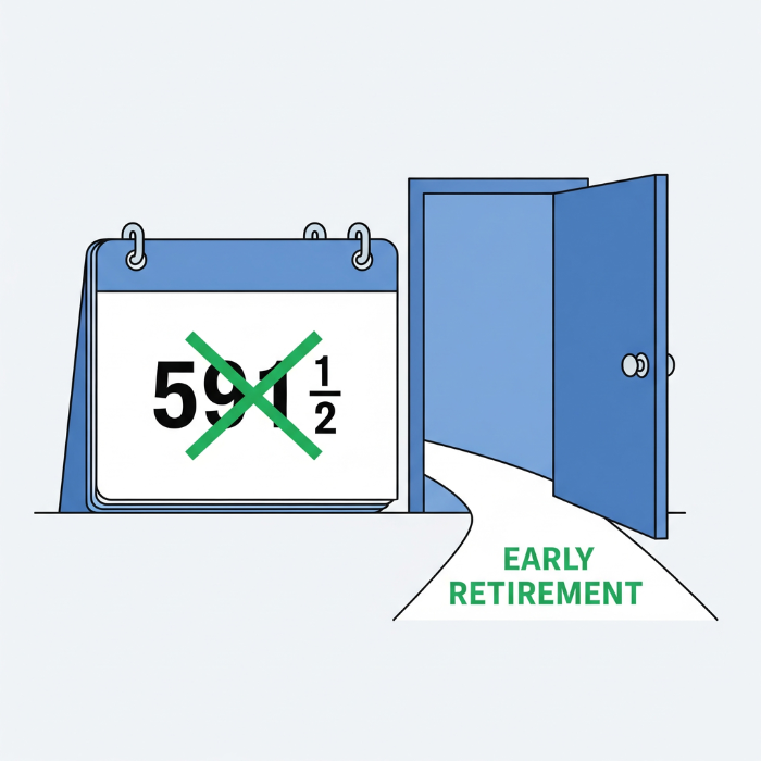 An illustration showing the age "59½" crossed out on a calendar, next to a door labeled "Early Retirement." This image symbolizes the key benefit of a 457(b) plan, which allows for penalty-free withdrawals upon separation from service, regardless of age.