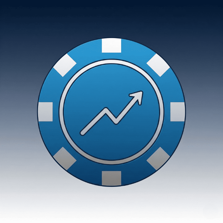 An illustration of a large, high-value blue poker chip. The chip has a steady, upward-trending stock chart on its face. This image symbolizes a blue-chip stock, which represents a high-quality, stable, and market-leading company.