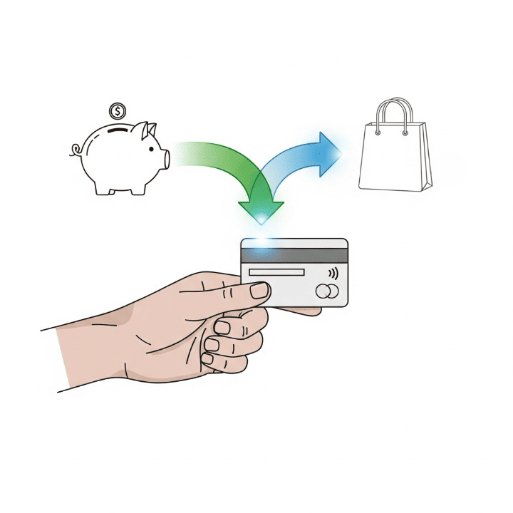 An illustration showing a hand holding a credit card. An arrow shows the card paying for a purchase, while another arrow shows money from a piggy bank paying off the card. This symbolizes the responsible use of a credit card as a payment tool, not a source of debt.