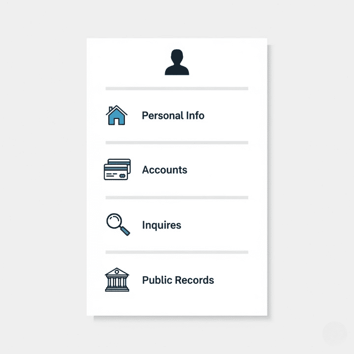 An illustration of a document representing a credit report. The report is organized into sections with icons for personal info, accounts, inquiries, and public records, explaining the key components of a person's financial history.