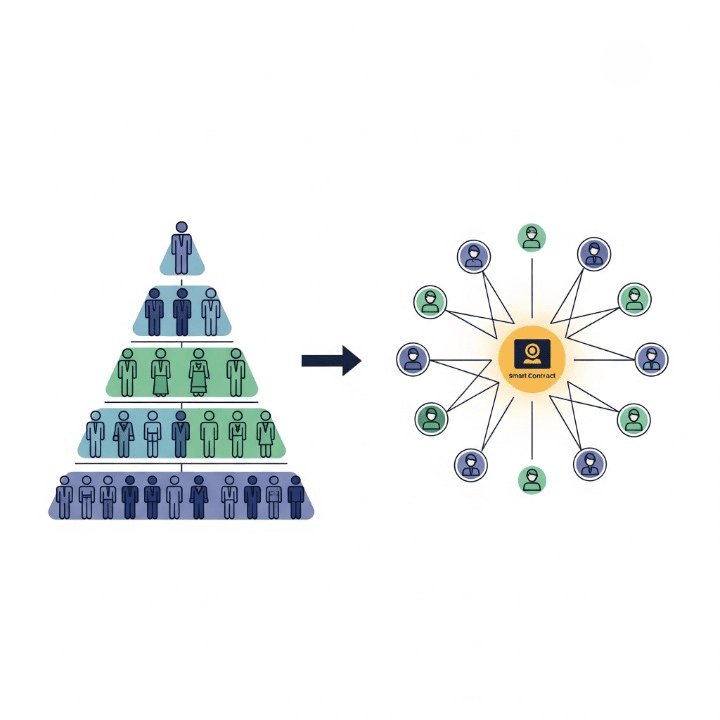 An illustration showing the evolution from a traditional, hierarchical pyramid of people to a decentralized network of members connected to a central smart contract. This symbolizes a DAO (Decentralized Autonomous Organization) as a new form of governance.