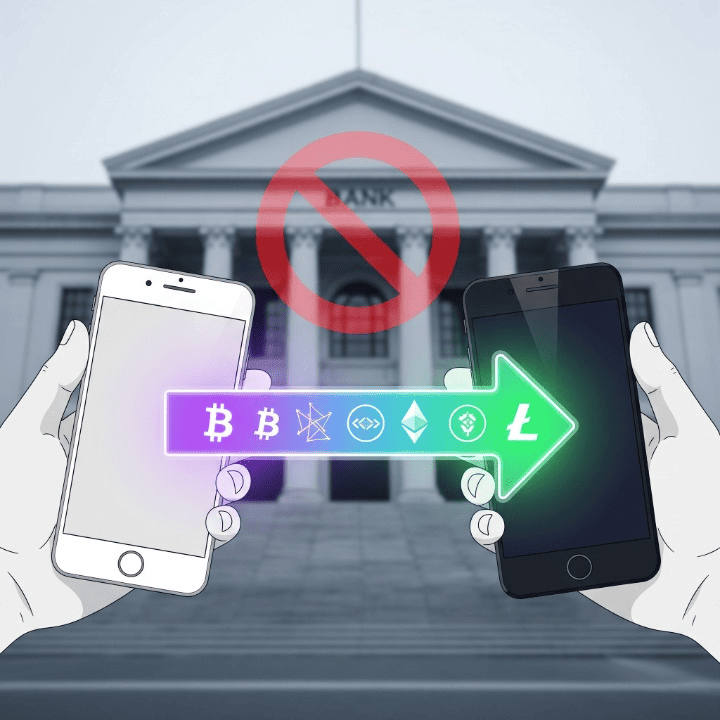 An illustration of a direct, peer-to-peer crypto transaction between two personal wallets, with a bank in the background crossed out. This symbolizes a decentralized exchange (DEX), which allows for trading without a central intermediary.