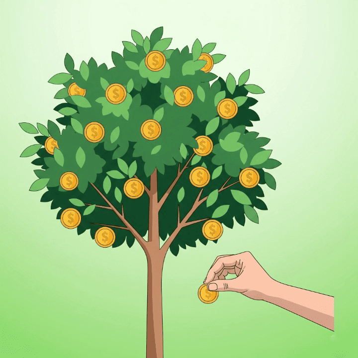An illustration of a healthy tree that is growing golden coins instead of fruit. A hand is picking one of the coins. This image symbolizes a stock dividend, which is a share of a company's profits paid out to its investors.