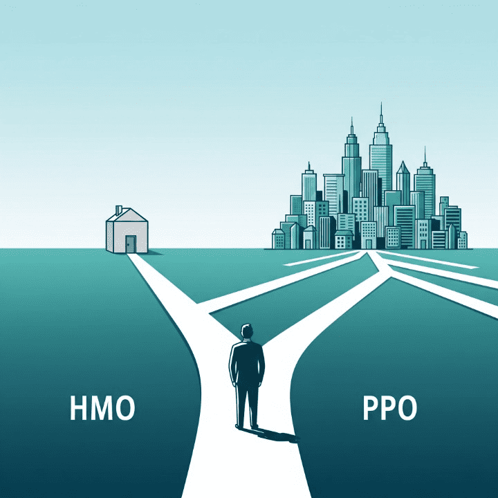 An illustration of a person choosing between two paths. One path, labeled "HMO," is narrow and leads to a single building. The other path, labeled "PPO," is wide and leads to a city. This symbolizes the choice between a restrictive HMO network and a more flexible PPO network.
