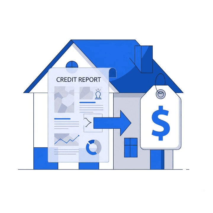 An illustration showing a credit report being analyzed, with an arrow pointing to a price tag on a house. This symbolizes how a home insurance score, which is based on your credit history, directly impacts the price of your homeowners insurance premium.