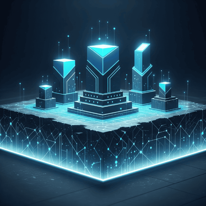 An illustration of a solid, glowing blockchain foundation labeled "Layer 1." Various smaller digital applications are shown being built on top of it. This symbolizes how a Layer 1 blockchain serves as the foundational infrastructure for a crypto ecosystem.
