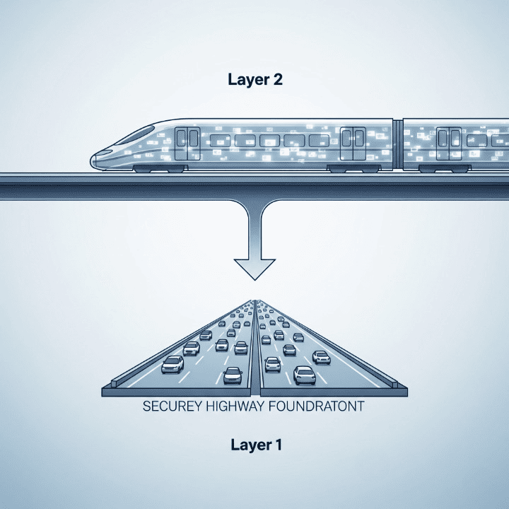 An illustration of a congested highway labeled "Layer 1" with a sleek, high-speed train labeled "Layer 2" running above it. This symbolizes how a Layer 2 solution handles transactions more efficiently while being secured by the main blockchain.