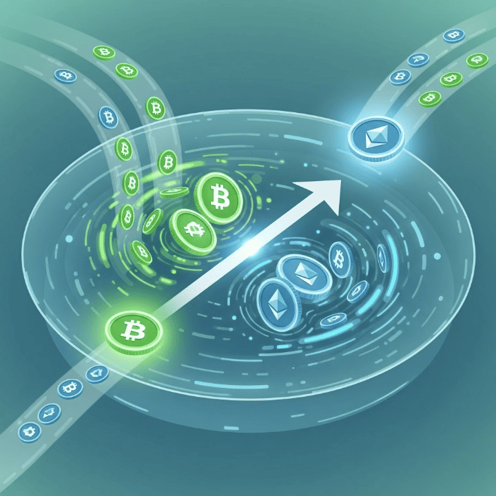 An illustration of a large, circular pool containing two types of crypto coins. Smaller streams of coins flow into the pool, while a larger arrow shows a trade happening with the pool. This symbolizes a liquidity pool, which is a crowdsourced fund that enables trading on a DEX.