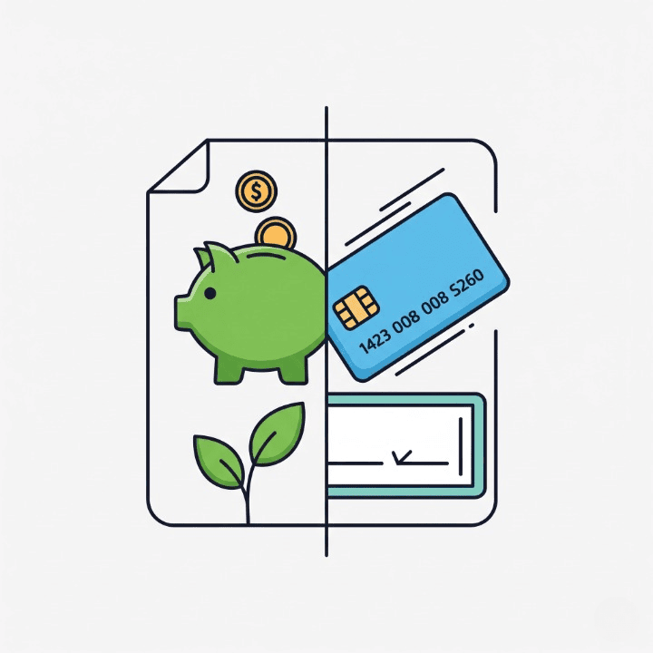 An illustration of a single bank account icon that is split in half. One half represents a savings account, and the other half represents a checking account. This symbolizes a Money Market Account, which is a hybrid of both.