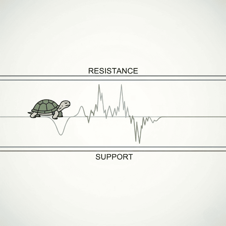 An illustration of a stock chart line moving sideways between two horizontal barriers, with a turtle walking along it. This image symbolizes a sideways or ranging market, a period of low volatility and consolidation where investor patience is key.