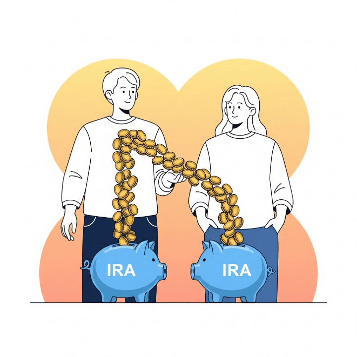 An illustration of a working spouse directing a stream of coins into their own IRA piggy bank and also into their partner's IRA piggy bank. This symbolizes the Spousal IRA rule, which allows a couple to fund a retirement account for a non-working spouse.