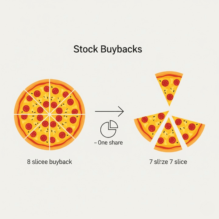 An illustration explaining a stock buyback using a pizza analogy. It shows a pizza going from eight slices to seven slices, with the remaining seven slices becoming larger. This symbolizes how a buyback reduces the share count and increases the value of remaining shares.