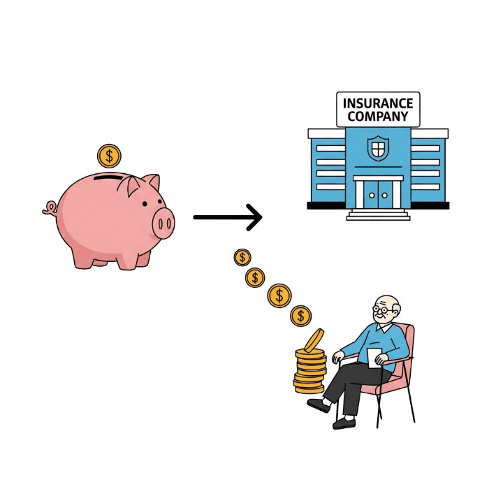 An illustration showing a large sum of money from a piggy bank being given to an insurance company. The insurance company, in turn, provides a steady stream of income back to a retiree. This symbolizes how an annuity converts savings into guaranteed retirement income.