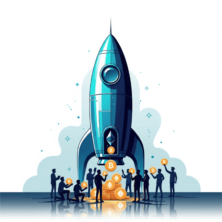 An illustration of a crowd of investors fueling a rocket ship with cryptocurrency coins. This image symbolizes an Initial Coin Offering (ICO), which is a crowdfunding method used by new crypto projects to raise capital for their launch.