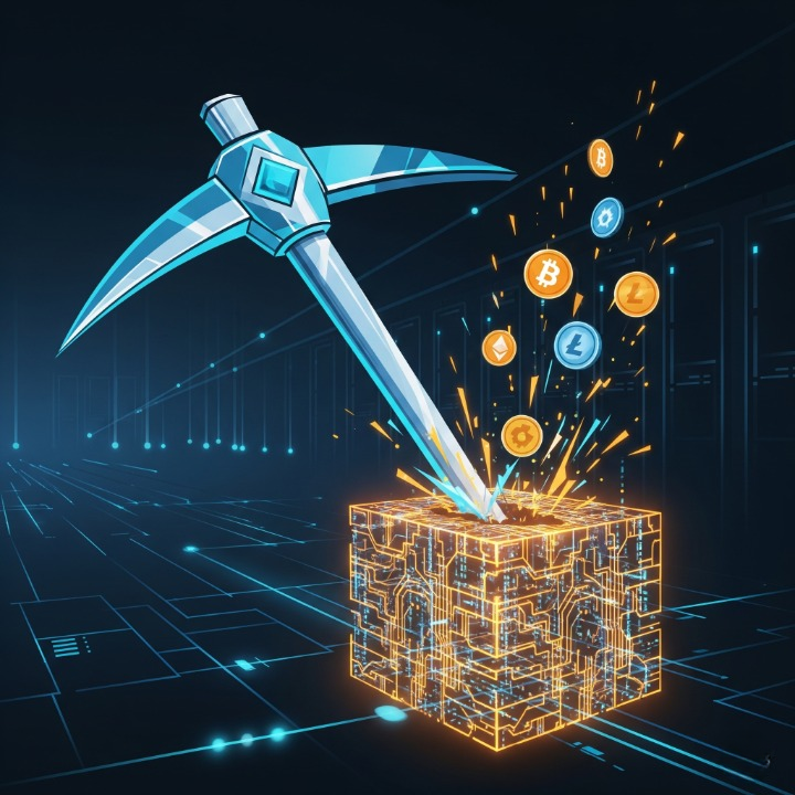 An illustration of a digital pickaxe mining a block of data, releasing glowing cryptocurrency coins. This image symbolizes the process of crypto mining, where computational power is used to verify transactions and create new coins.