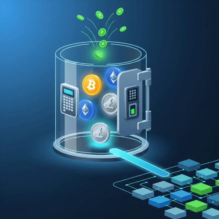 An illustration of a secure vault holding cryptocurrency coins. The vault is connected to a blockchain and is generating smaller reward coins. This symbolizes crypto staking, the process of locking up assets to secure a network and earn rewards.