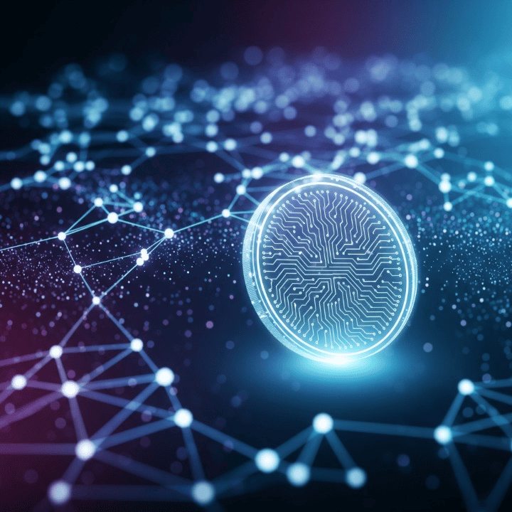 A futuristic, abstract image depicting a glowing blue and purple blockchain network with interconnected nodes. A translucent digital coin with a circuit pattern floats in the foreground. This visual represents the article's theme of explaining the technology behind cryptocurrency and digital currency in a clean, modern way.