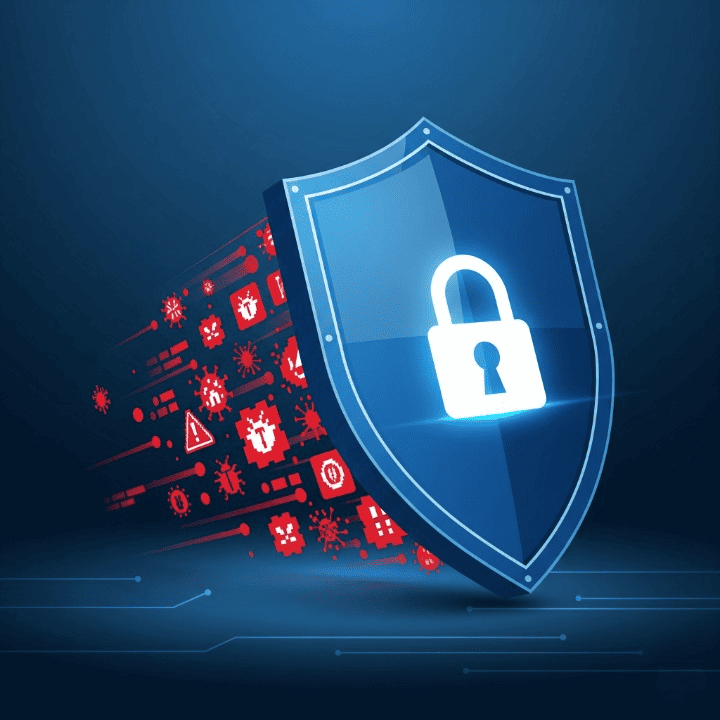 An illustration of a large, digital shield with a padlock on it. The shield is successfully deflecting incoming computer viruses. This image symbolizes how cyber insurance protects a business or an individual from digital threats and cyberattacks.