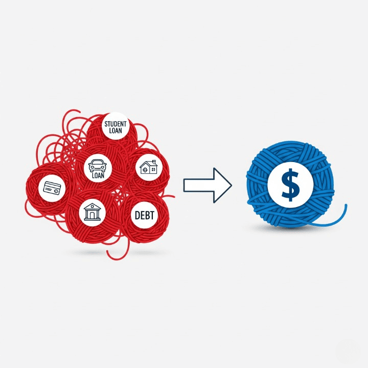 An illustration showing several messy balls of red yarn representing multiple debts being transformed into a single, neat ball of blue yarn. This image symbolizes debt consolidation, the process of combining multiple payments into one organized payment.