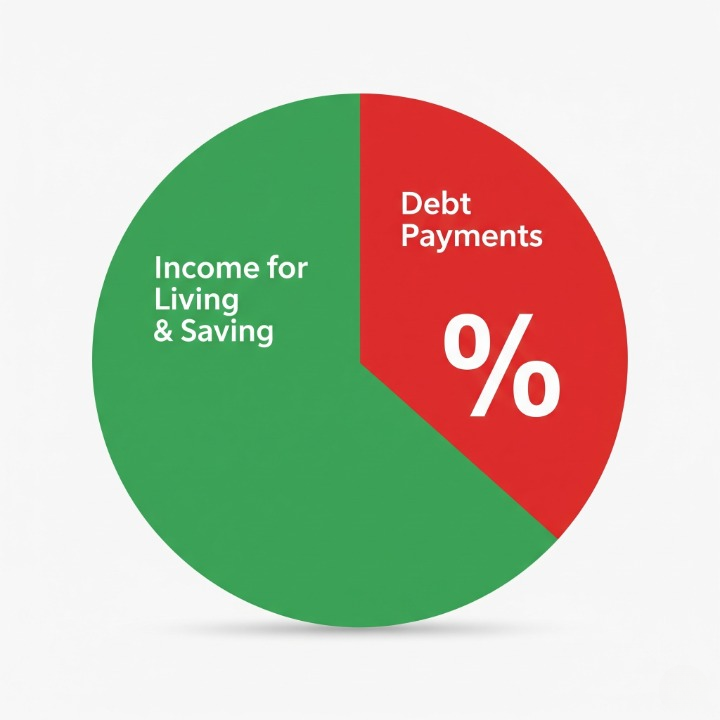 An illustration of a pie chart where a red slice labeled "Debt Payments" takes up a portion of the whole pie, which represents income. This image symbolizes the debt-to-income ratio (DTI), a key metric that measures how much of your income goes to debt.