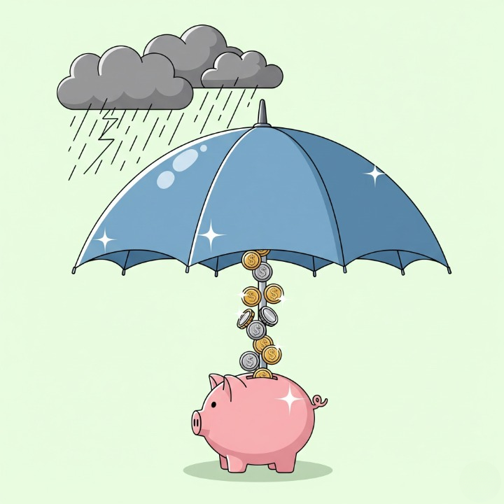 An illustration of a large umbrella protecting a stream of coins that represents a person's income from storm clouds. This image symbolizes how disability insurance shields your paycheck from an unexpected illness or injury.