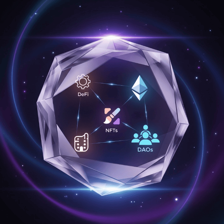 An illustration of a glowing crystal representing the Ethereum blockchain. Inside, icons for DeFi, NFTs, and DAOs are shown, symbolizing Ethereum's role as a versatile, programmable platform for a wide range of decentralized applications.