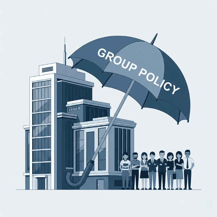 An illustration of a large office building holding a protective umbrella labeled "Group Policy" over its employees. This image symbolizes group life insurance, which is a single policy provided by an employer to cover its entire team.