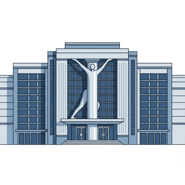 A symbolic illustration of a large building being held up by a single, central pillar that is shaped like a person. This represents a key employee who is essential to a business's stability and the concept of key person insurance.