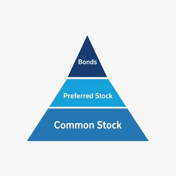 An illustration of a three-tiered pyramid showing the capital structure of a company. "Bonds" are at the top, "Preferred Stock" is in the middle, and "Common Stock" is at the bottom. This symbolizes the order of priority for investors.