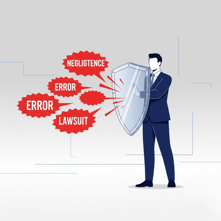 An illustration of a professional holding a shield that is deflecting words like "Negligence" and "Lawsuit." This image symbolizes how professional liability insurance protects service providers from claims of errors and potential legal action.