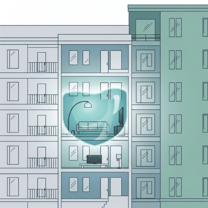 An illustration of an apartment unit where the furniture and personal belongings inside are protected by a glowing shield. This symbolizes how renters insurance specifically covers a tenant's possessions and liability, not the building itself.