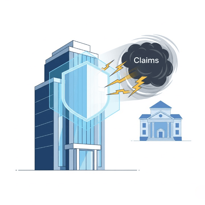 An illustration of a large company building generating its own protective shield to defend against a storm of "Claims." This symbolizes self-insurance, where a company funds its own employee benefits instead of using a traditional insurer.