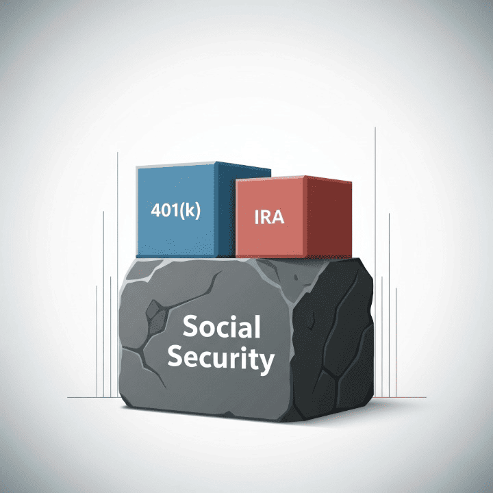 An illustration of a large cornerstone labeled "Social security." Smaller blocks labeled "401(k)" and "IRA" are being built on top of it. This symbolizes how Social Security serves as the foundational layer of a comprehensive retirement plan.
