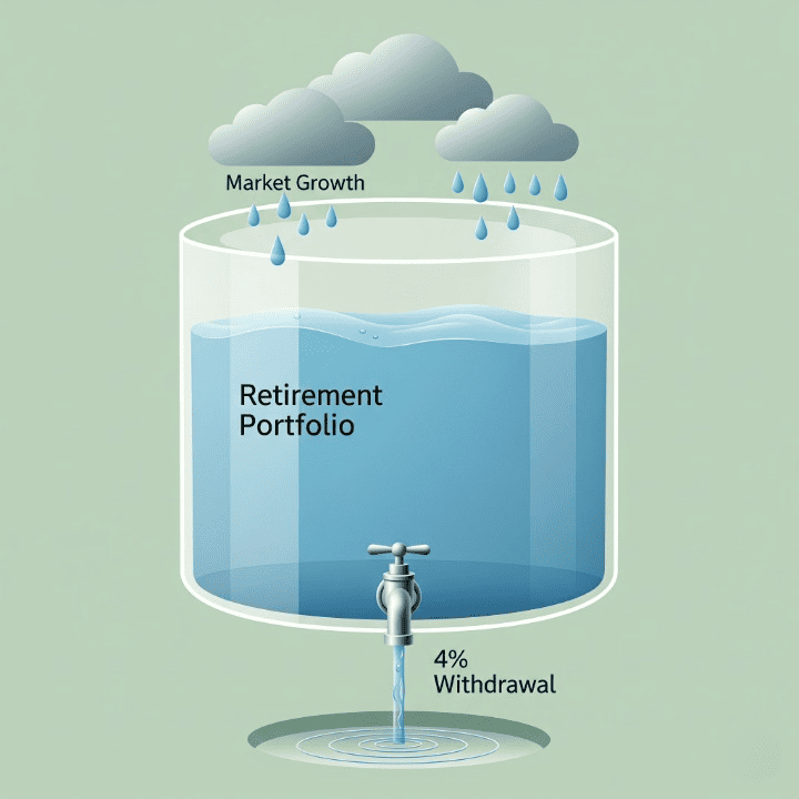 An illustration of a large water reservoir, representing a retirement portfolio. A small tap releases a "4% Withdrawal" while "Market Growth" rain replenishes it. This symbolizes the 4% rule for sustainable retirement income.