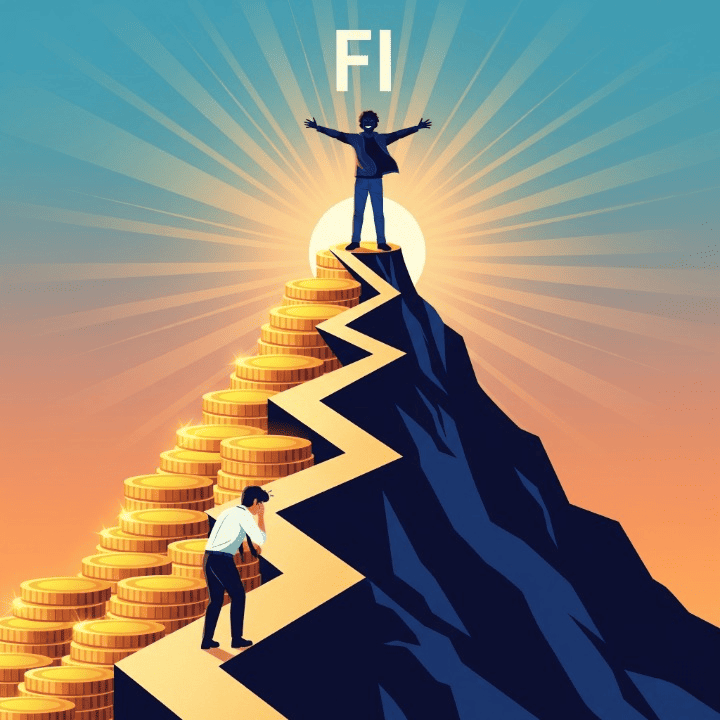 An illustration of a person climbing a path of gold coins, representing a high savings rate. The path leads from a stressed, working life to a relaxed, early retirement at the summit, symbolizing the goal of the FIRE (Financial Independence, Retire Early) Movement.