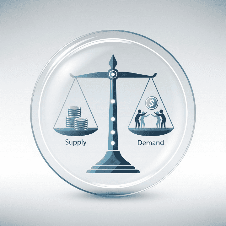 An illustration of a large, transparent crypto coin. Inside the coin is a balanced scale weighing "Supply" and "Demand." This image symbolizes tokenomics, which is the study of the economic principles that give a cryptocurrency its value.