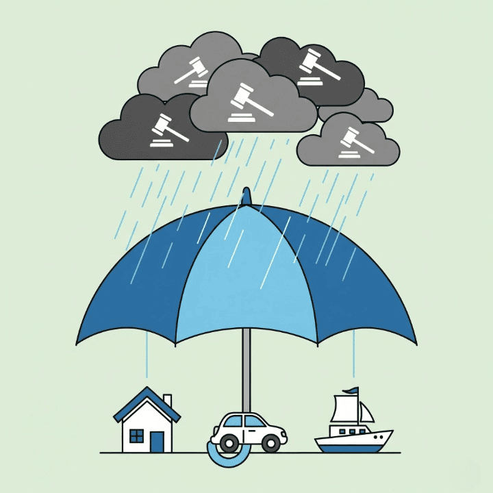 An illustration of a large umbrella shielding a house, a car, and a boat from storm clouds containing lawsuit symbols. This image represents how umbrella insurance provides a broad layer of liability protection over your existing assets and policies.