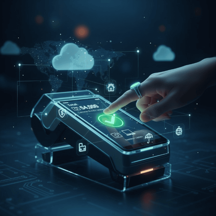 Digital point-of-sale terminal with subtle embedded insurance icons, symbolizing seamless financial protection and modern transactions.