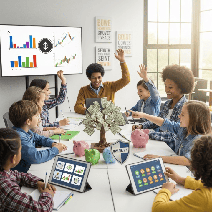 Diverse kids and teens learning financial literacy, including budgeting, investing, crypto, and retirement planning, with visual aids in an optimistic setting.