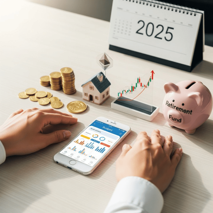 An array of financial elements neatly organized on a desk, symbolizing financial organization for 2025, including coins, a smartphone, a house, a stock chart, a crypto symbol, and a retirement piggy bank.
