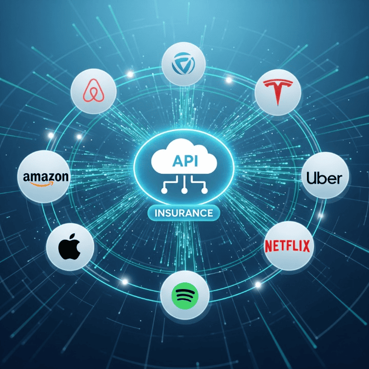 Illustration showing diverse non-financial companies (e-commerce, travel, auto) integrating insurance services via a digital platform, representing the Insurance-as-a-Service (IaaS) model and embedded insurance.